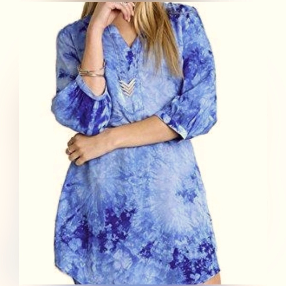 Umgee Blue Tie-Dye Tunic Dress Bathing Suit Coverup Beach Summer Vacation